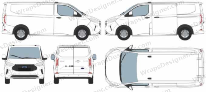 Ford Transit Custom L1H1 (2023 on) vehicle outline template: right, left, front, rear and top views at 1:20