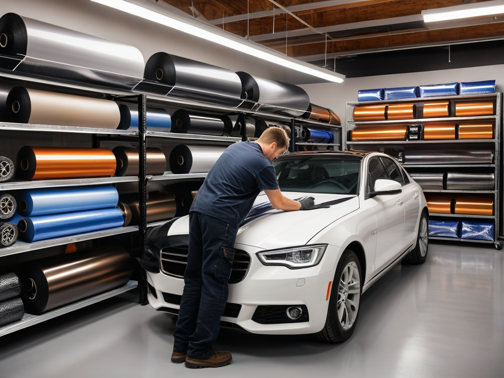 Professional wrap shop with vinyl rolls and vehicle